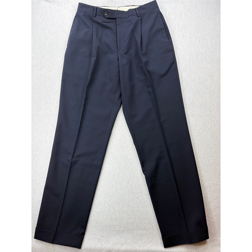 Oscar de la Renta Vintage Mens Navy 100% Wool Pleated Cuffed Dress Pants 32R